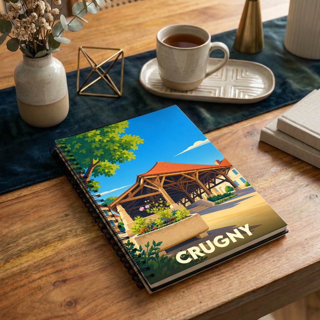 Carnet à spirales souvenir de la ville de Crugny avec une illustration stylisée de ses halles.