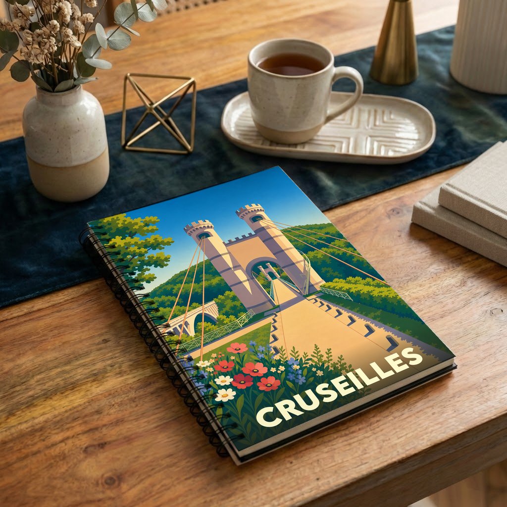 Carnet souvenir de la ville de Cruseilles avec une illustration stylisée d'un pont suspendu historique.