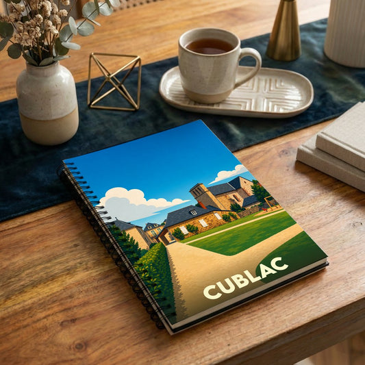 Carnet souvenir de la ville de Cublac orné d'une illustration stylisée de son architecture et de ses paysages.