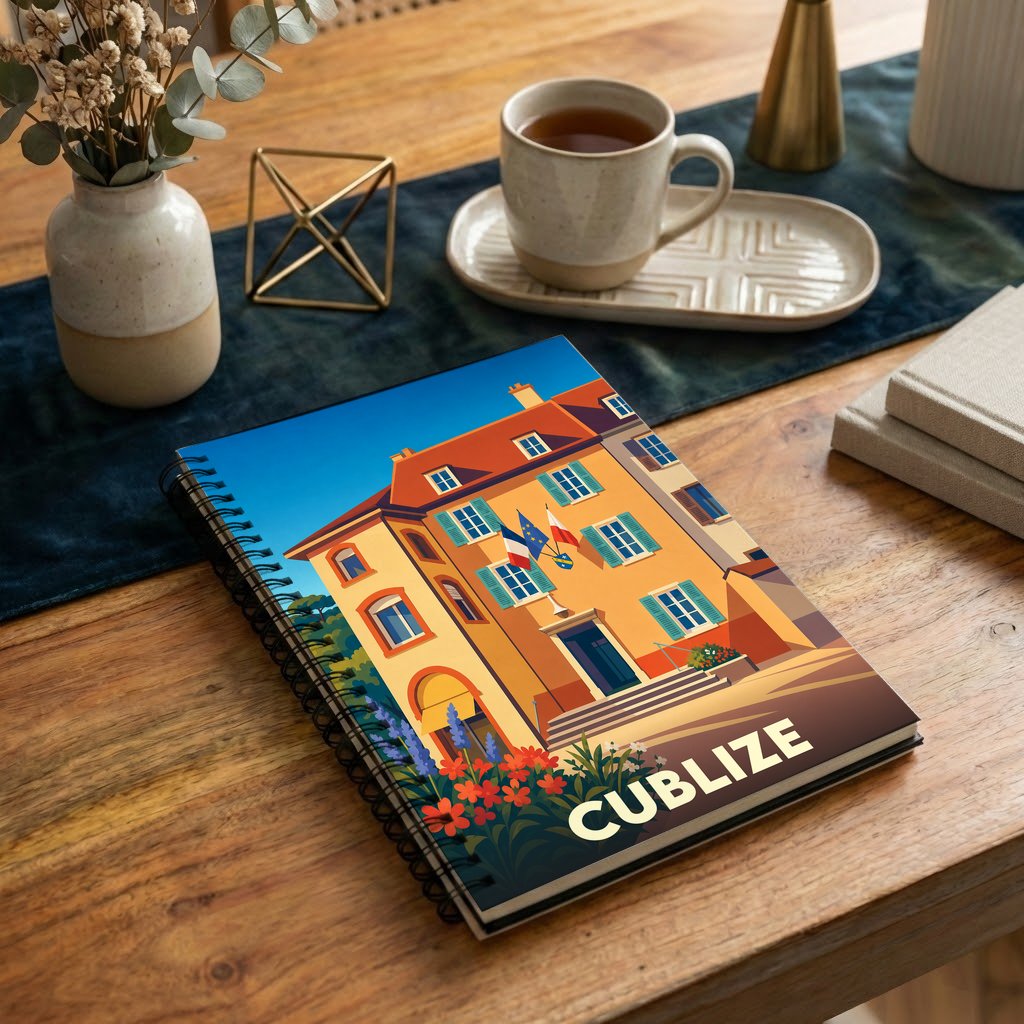 Carnet à spirales souvenir de la ville de Cublize avec une illustration stylisée d'un bâtiment coloré.