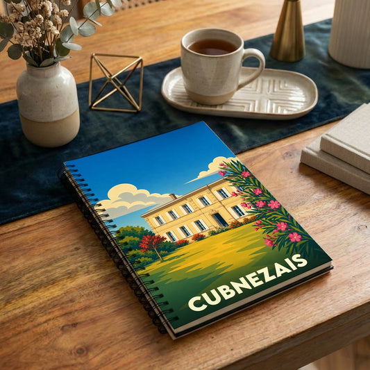 Carnet souvenir de la ville de Cubnezais illustré d'un manoir stylisé sous un ciel ensoleillé.