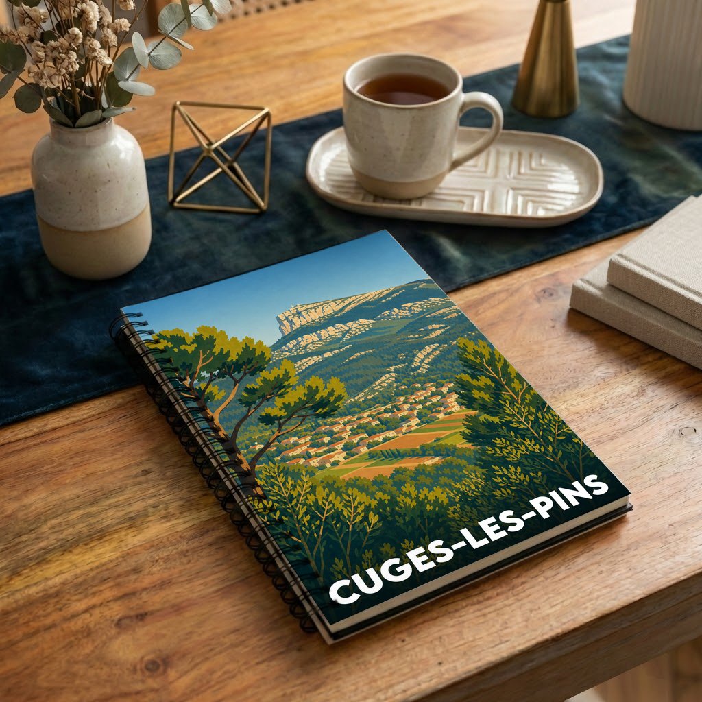Carnet de notes souvenir de la ville de Cuges-les-Pins avec une illustration de paysage stylisée.
