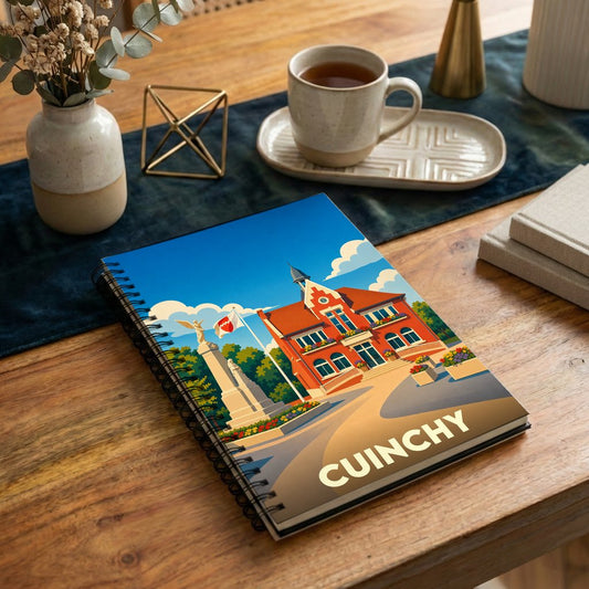 Carnet souvenir de la ville de Cuinchy illustré d'un dessin stylisé de son hôtel de ville et d'un monument.