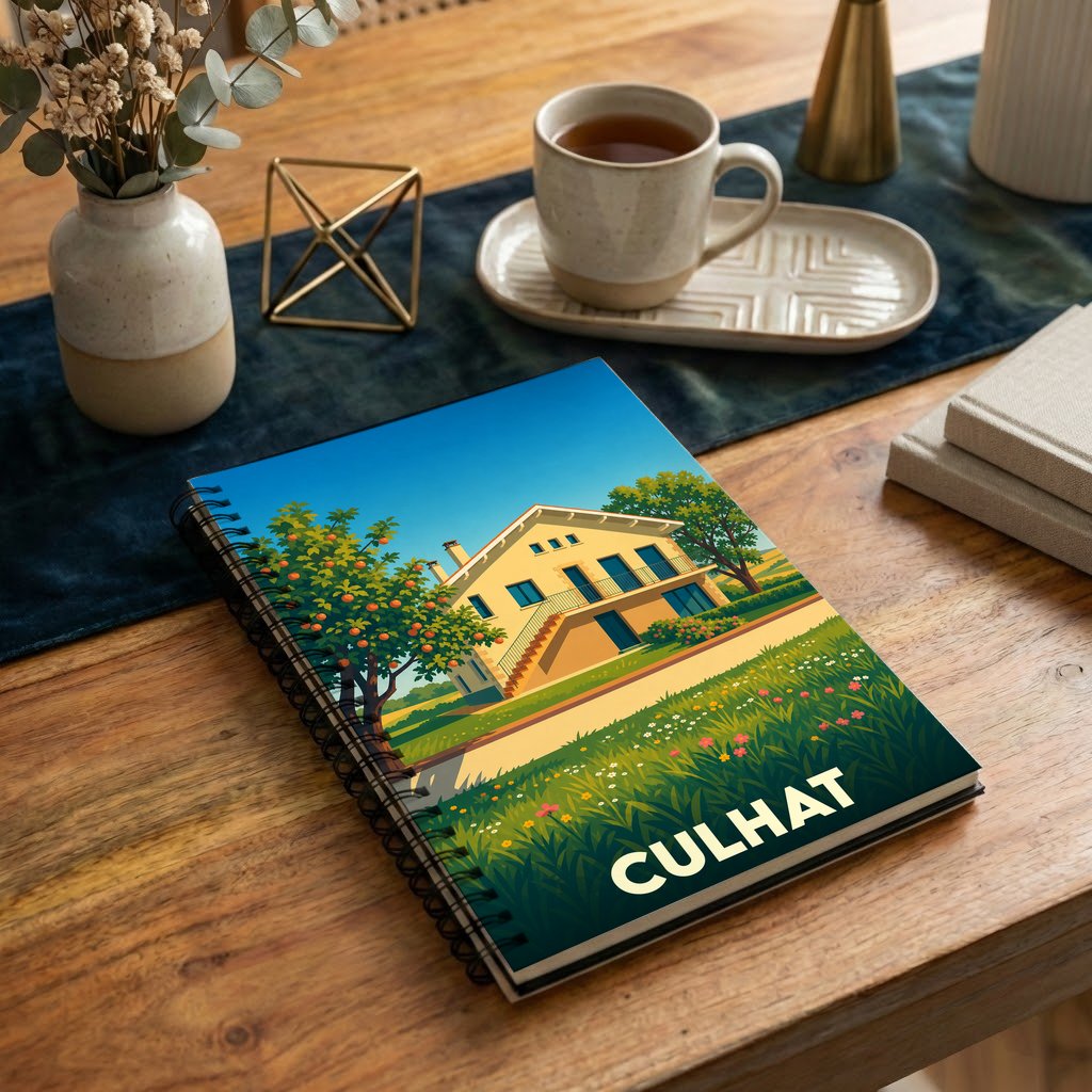 Carnet souvenir de la ville de Culhat avec une illustration stylisée d'une maison de campagne.