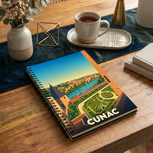 Carnet souvenir de la ville de Cunac avec une illustration stylisée représentant un château et ses jardins.