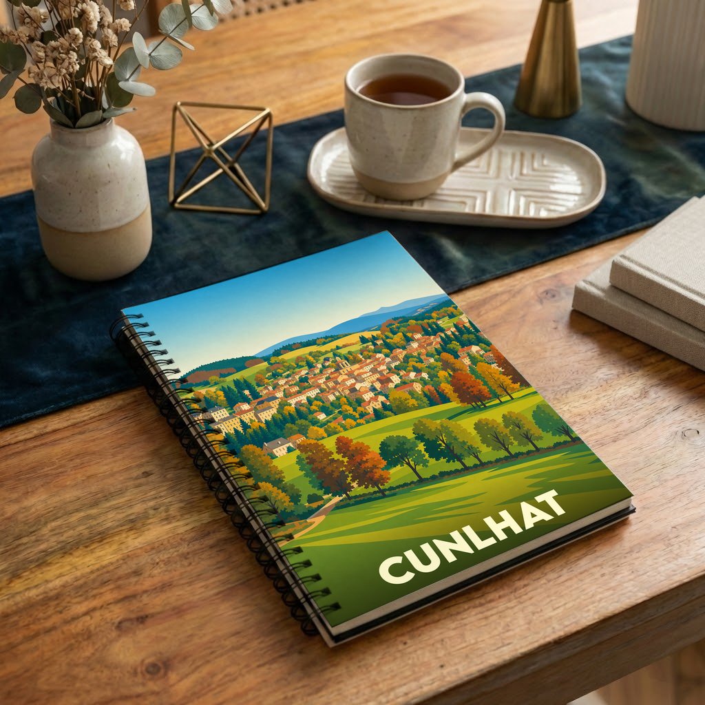 Carnet de notes souvenir de la ville de Cunlhat orné d'une illustration paysagère stylisée.