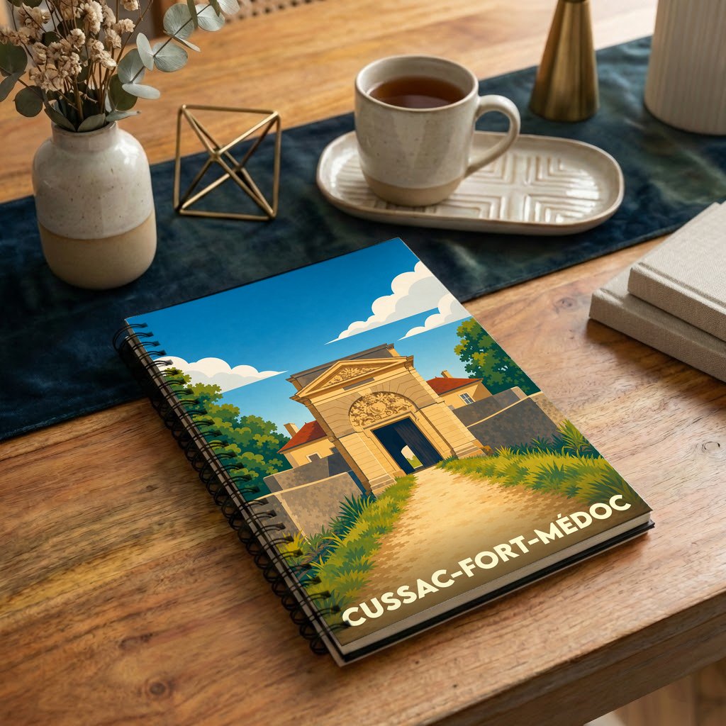 Carnet à spirales souvenir de la ville de Cussac-Fort-Médoc avec une illustration stylisée de son fort historique.
