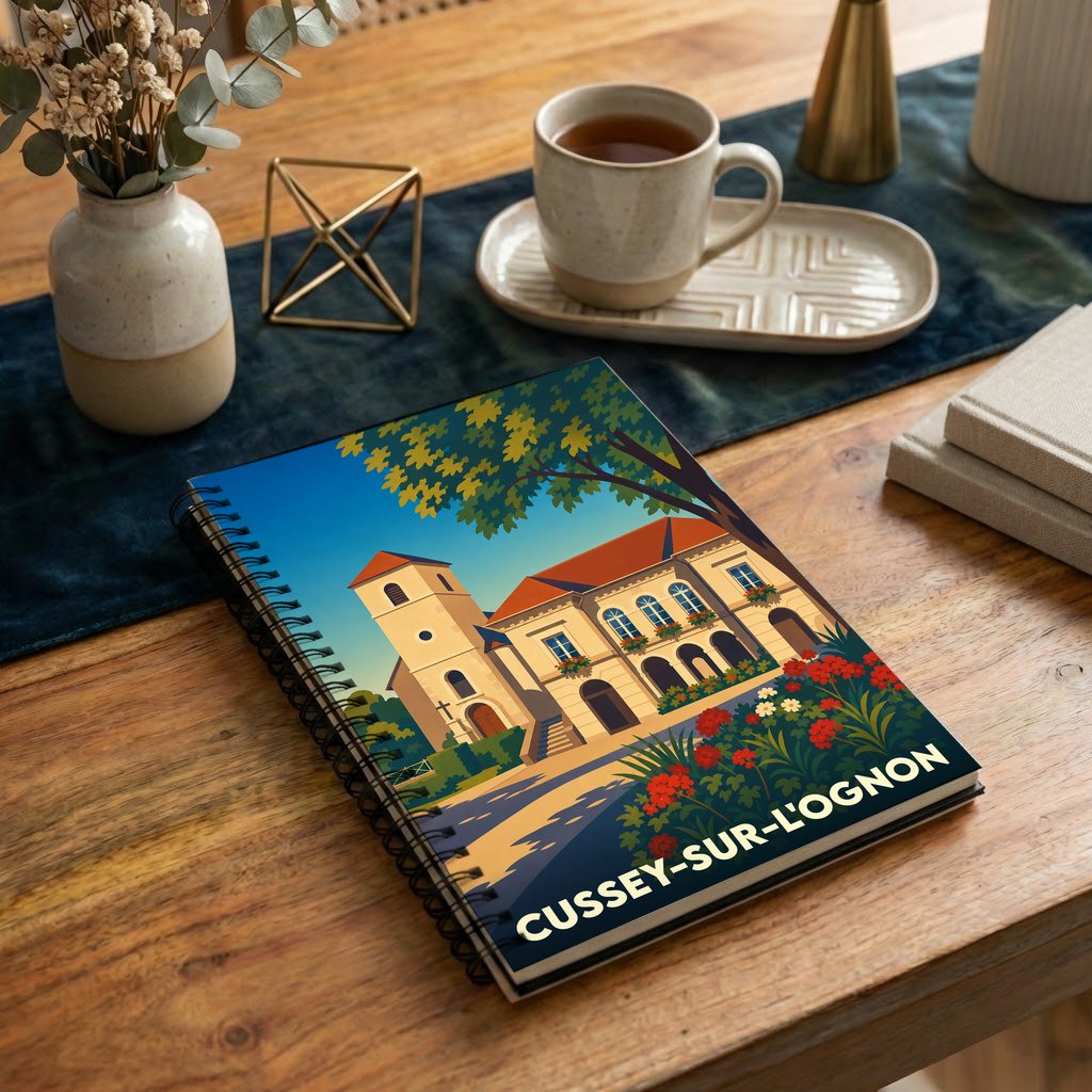 Carnet à spirales souvenir de la ville de Cussey-sur-l'Ognon avec une illustration stylisée.