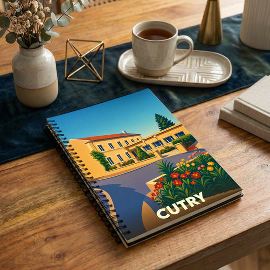 Carnet souvenir de la ville de Cutry avec une illustration stylisée et colorée.