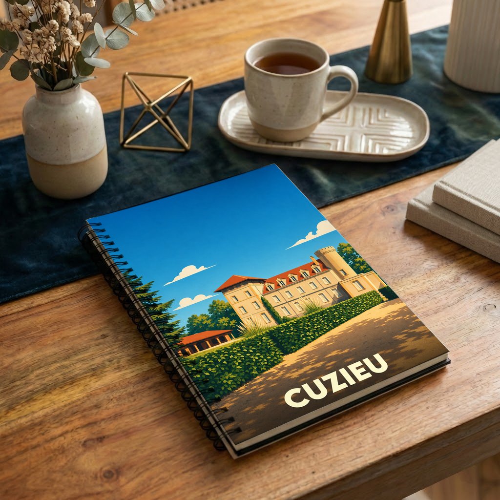Carnet à spirale souvenir de la ville de Cuzieu avec une illustration stylisée de son château.