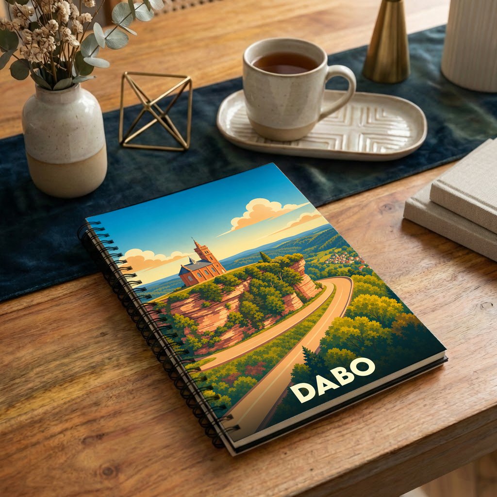 Carnet souvenir de la ville de Dabo orné d'une illustration stylisée de son célèbre rocher.