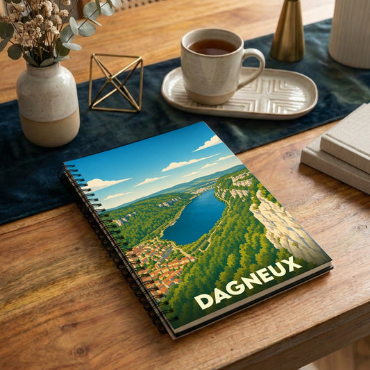 Carnet souvenir de la ville de Dagneux avec une illustration stylisée d'un paysage panoramique.