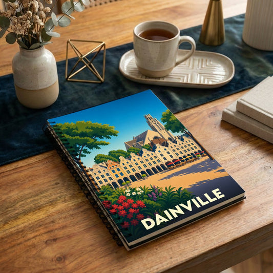 Carnet souvenir de la ville de Dainville orné d'une illustration stylisée de son architecture et de ses jardins.