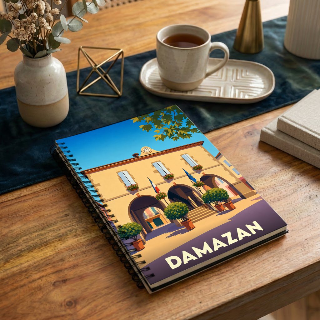 Carnet à spirales souvenir de la ville de Damazan illustré par un dessin stylisé de sa place centrale.