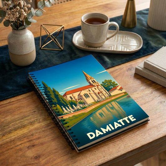 Carnet souvenir de la ville de Damiatte avec une illustration stylisée d'une église au bord de l'eau.