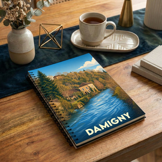 Carnet souvenir de la ville de Damigny avec une illustration stylisée d'un paysage fluvial.