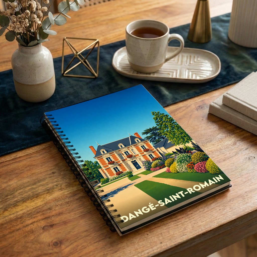 Carnet à spirales souvenir de la ville de Dangé-Saint-Romain avec une illustration stylisée de maison bourgeoise.