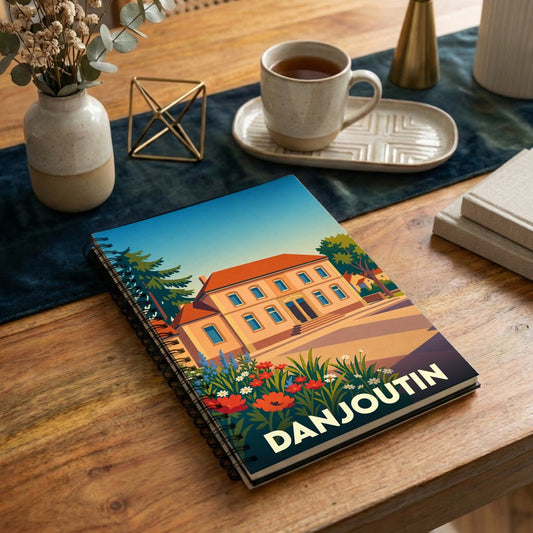 Carnet à spirales souvenir de la ville de Danjoutin avec une illustration stylisée d'un bâtiment entouré de fleurs.