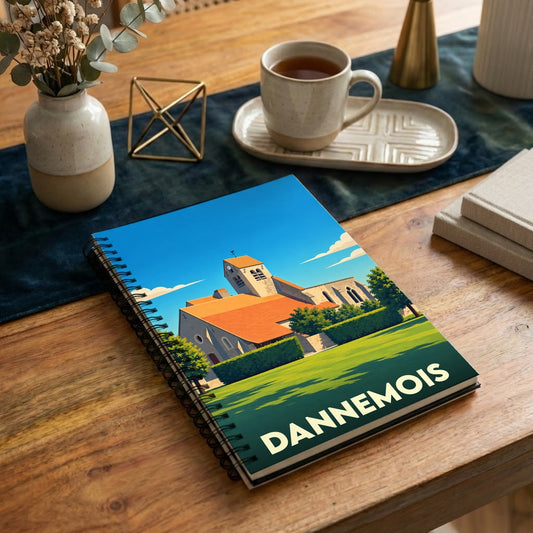 Carnet à spirales souvenir de la ville de Dannemois avec une illustration stylisée de son église.