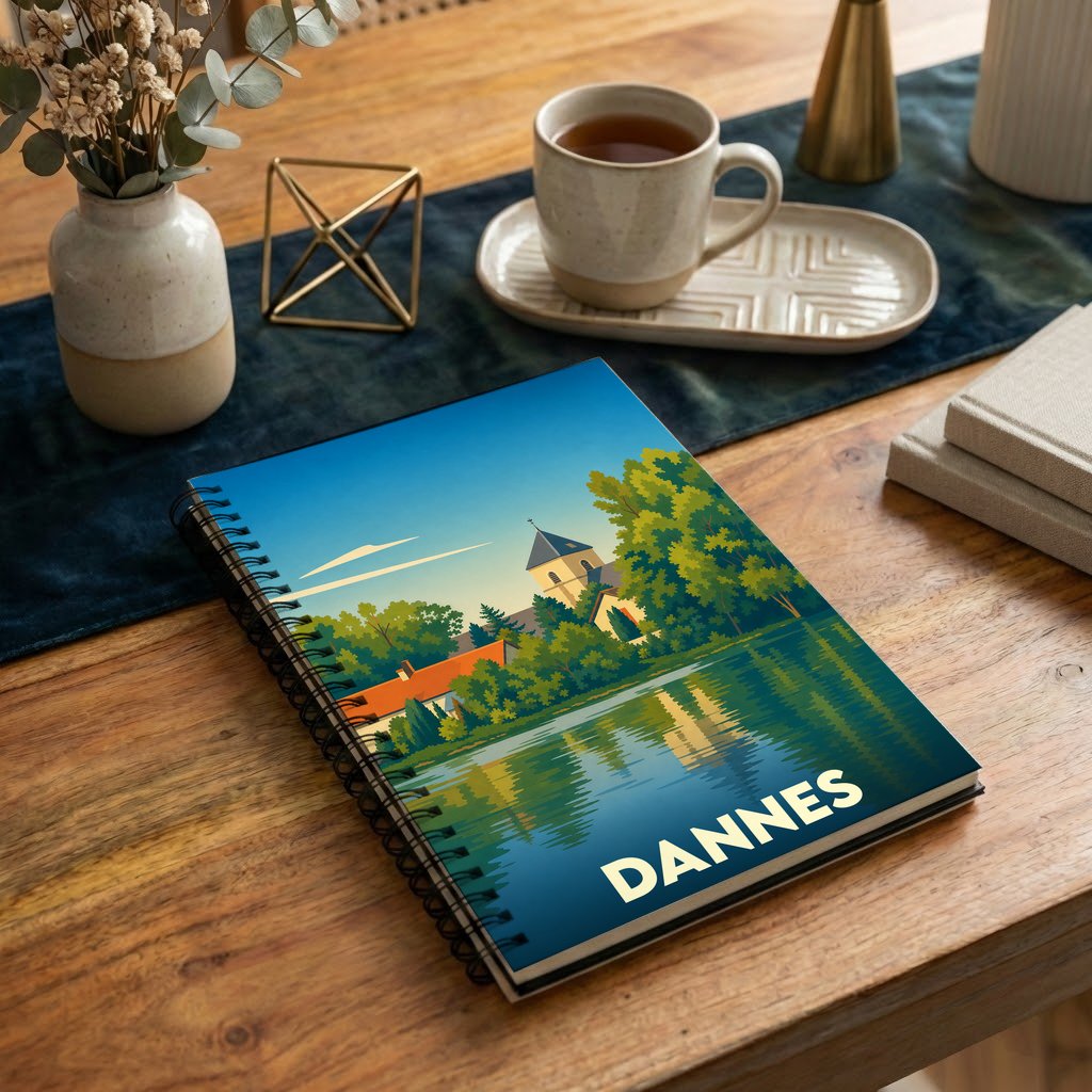 Carnet à spirales souvenir de la ville de Dannes avec une illustration stylisée de son paysage.