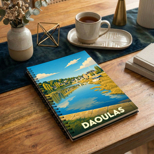 Carnet souvenir de la ville de Daoulas avec une illustration stylisée d'un paysage côtier breton.