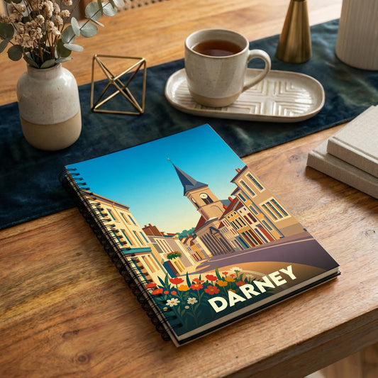 Carnet souvenir de la ville de Darney avec une illustration stylisée de son église et de ses maisons colorées.