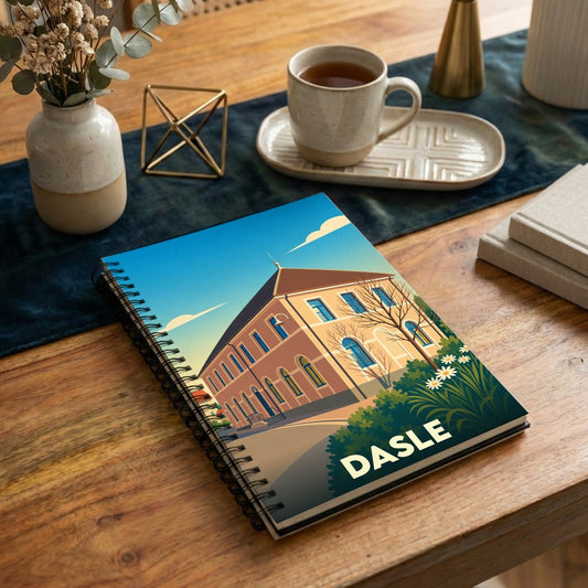 Carnet souvenir de la ville de Dasle avec une illustration stylisée d'un bâtiment historique.