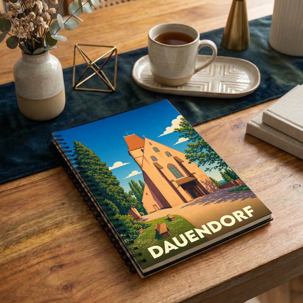 Carnet souvenir de la ville de Dauendorf avec une illustration stylisée de son église.