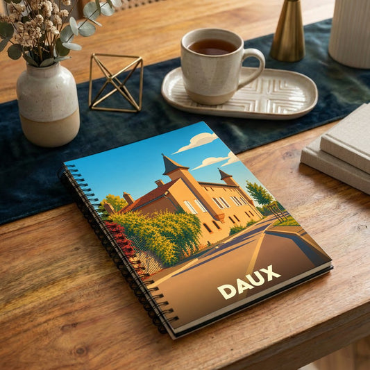 Carnet à spirales souvenir de la ville de Daux avec une illustration stylisée.