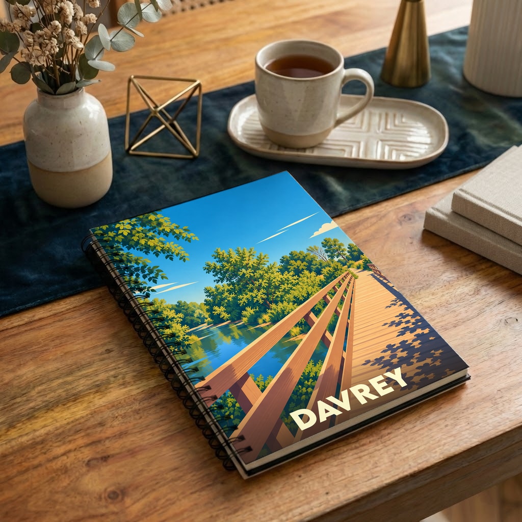 Carnet souvenir de la ville de Davrey avec une illustration stylisée d'un pont en bois.