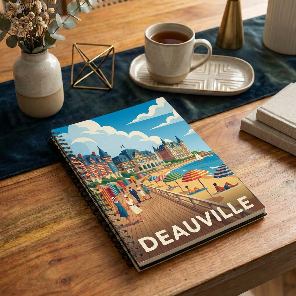 Carnet souvenir de la ville de Deauville avec une illustration stylisée de sa plage et de sa célèbre promenade.