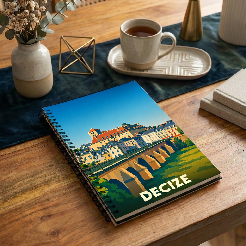 Carnet souvenir de la ville de Decize avec une illustration stylisée représentant son pont et ses bâtiments historiques.