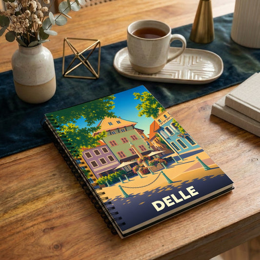 Carnet de notes souvenir de la ville de Delle orné d'une illustration urbaine colorée et stylisée.