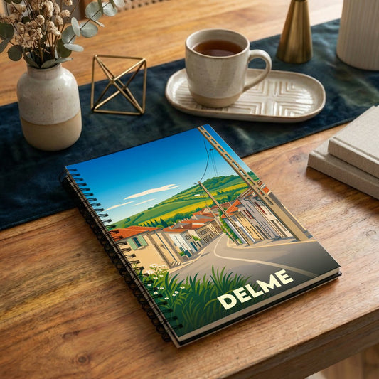 Carnet souvenir de la ville de Delme illustré d'un paysage urbain stylisé.
