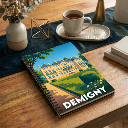 Carnet souvenir de la ville de Demigny avec une illustration stylisée.