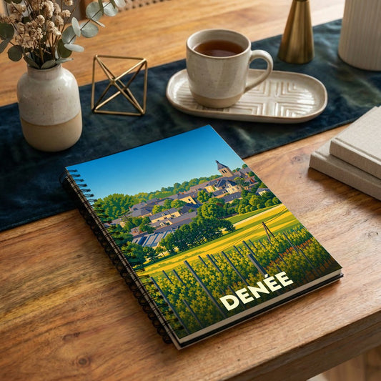Carnet souvenir de la ville de Denée avec une illustration stylisée de son paysage et de ses vignobles.
