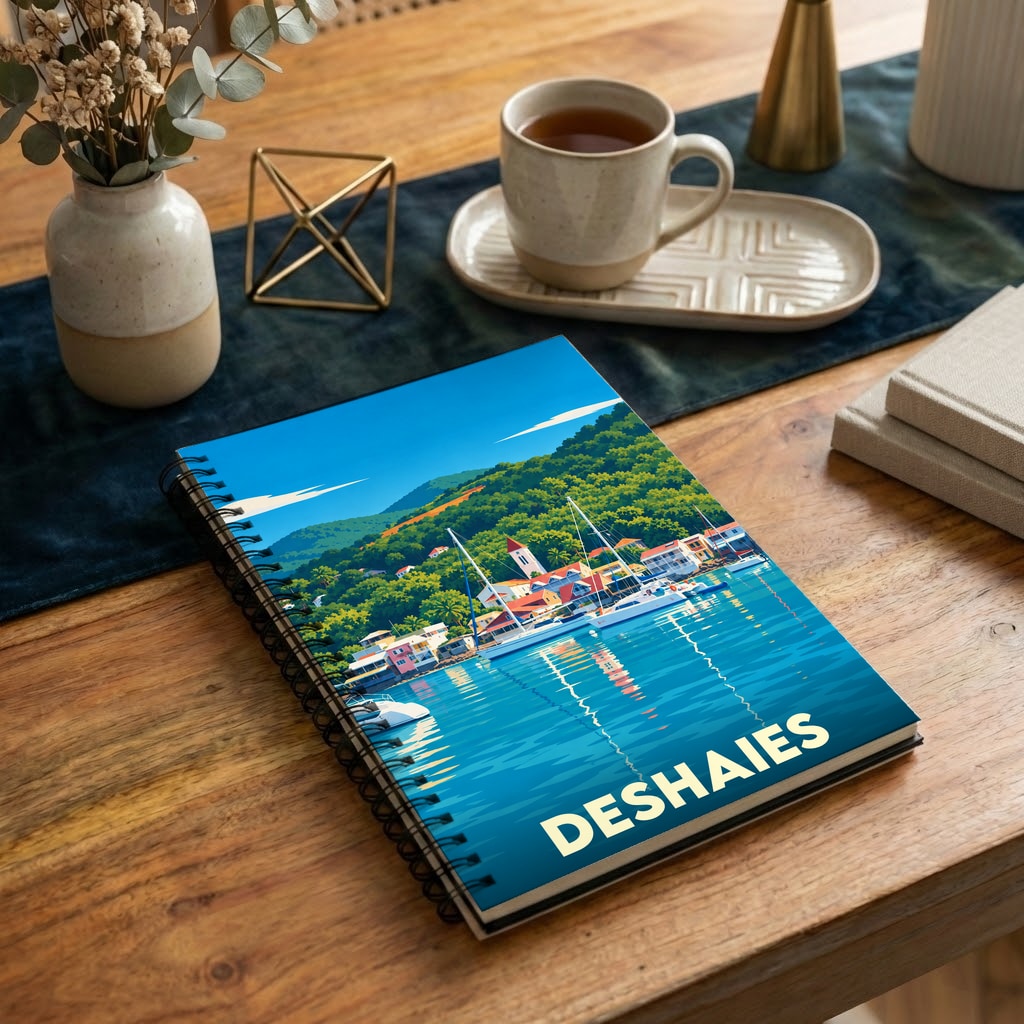 Carnet souvenir de la ville de Deshaies avec une illustration stylisée de son port.