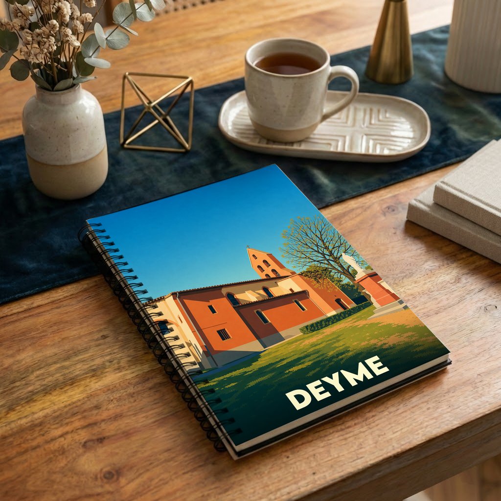 Carnet à spirales souvenir de la ville de Deyme avec une illustration stylisée de son église.