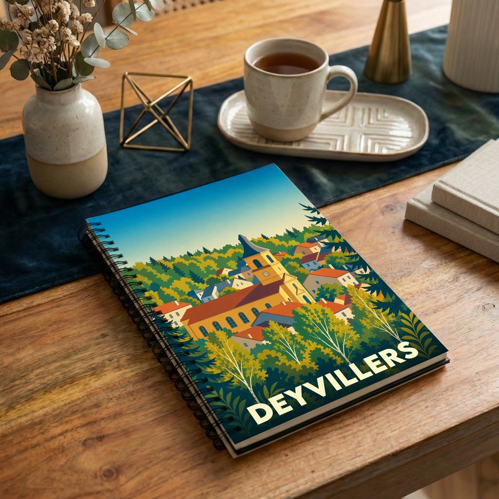 Carnet à spirales souvenir de la ville de Deyvillers avec une illustration stylisée et colorée.