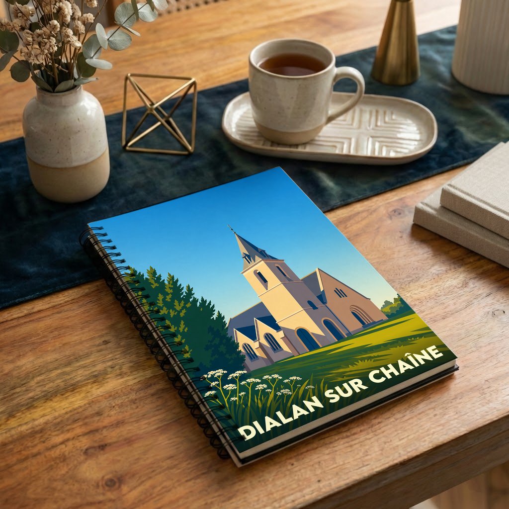 Carnet à spirales souvenir de la commune de Dialan sur Chaîne avec une illustration stylisée de son église.