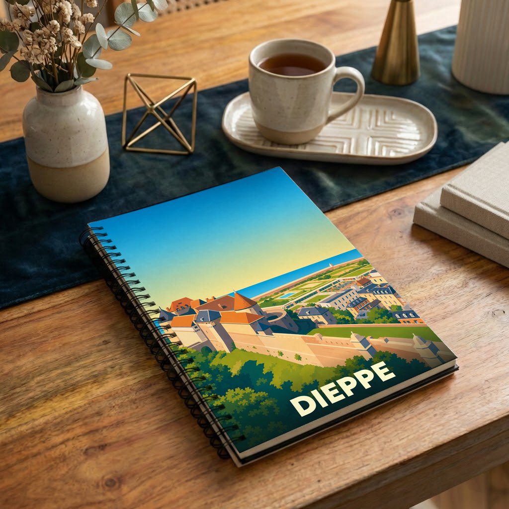 Carnet à spirales souvenir de la ville de Dieppe orné d'une illustration stylisée de son château et de son littoral.