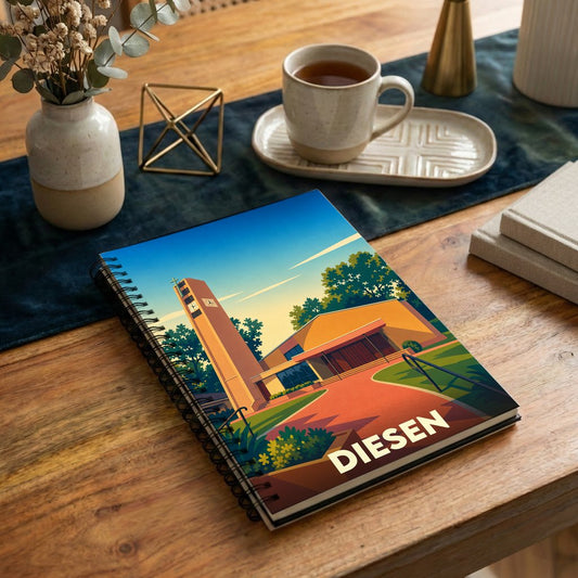 Carnet souvenir de la ville de Diesen avec une illustration architecturale stylisée.