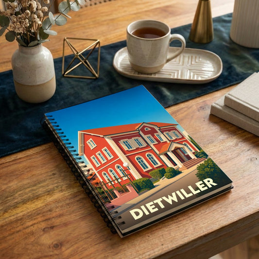 Carnet souvenir de la ville de Dietwiller avec une illustration stylisée d'un bâtiment rouge.