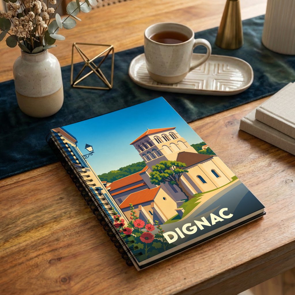 Carnet de notes à spirales souvenir de la ville de Dignac avec une illustration stylisée de son église romane.