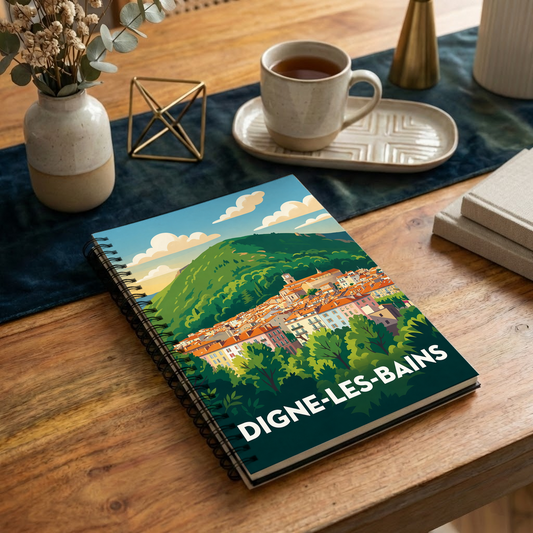 Carnet souvenir de la ville de Digne-les-Bains avec une illustration stylisée.