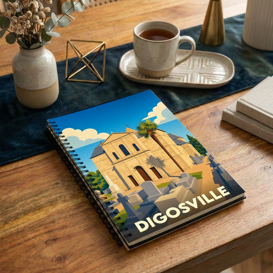 Carnet souvenir de la ville de Digosville avec une illustration stylisée de son église.