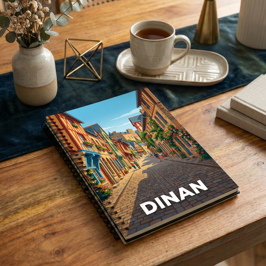 Carnet souvenir de la ville de Dinan avec une illustration stylisée d'une rue pavée et de maisons à colombages.
