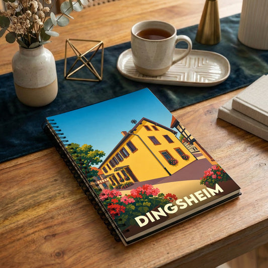 Carnet souvenir de la ville de Dingsheim avec une illustration stylisée d'une maison traditionnelle alsacienne fleurie.
