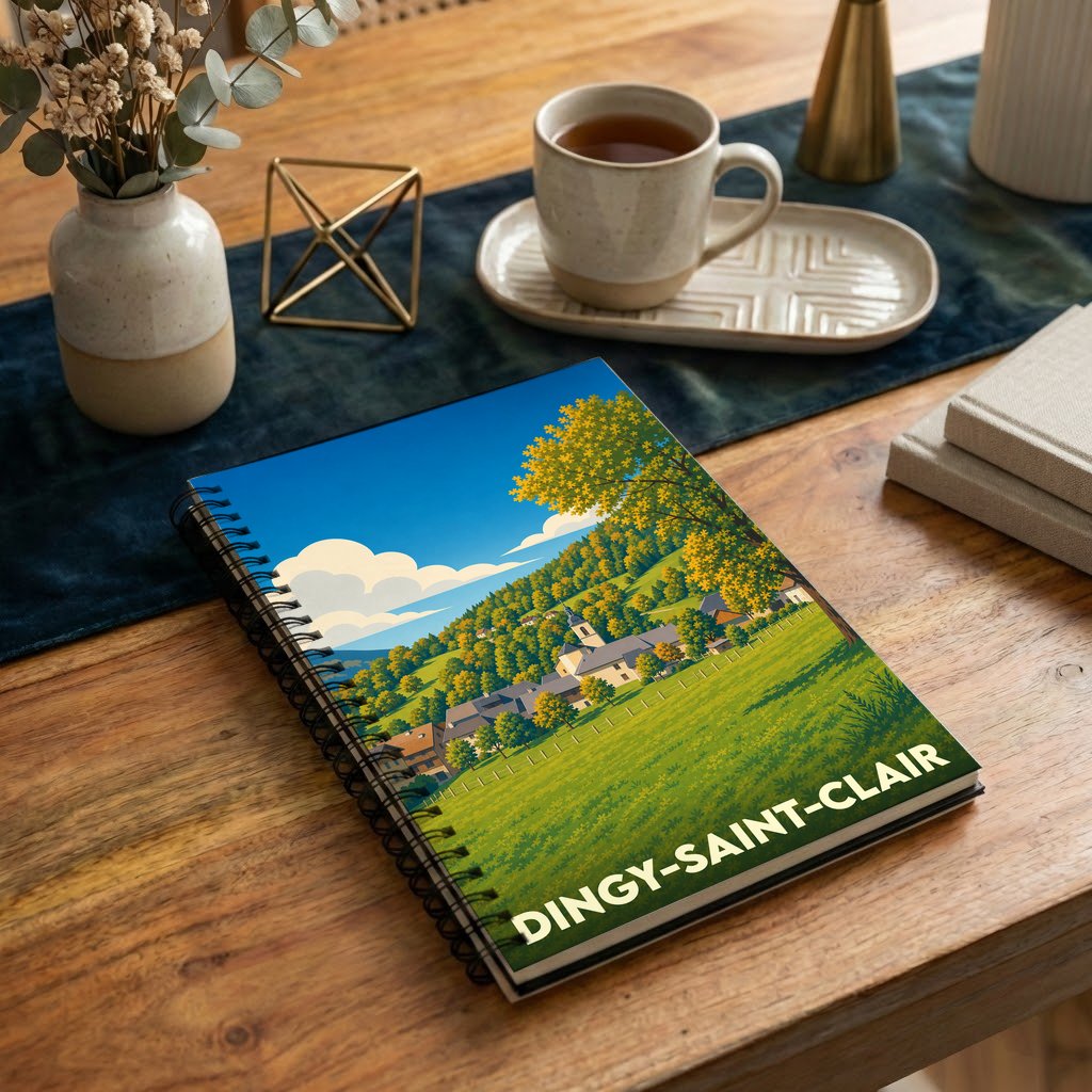 Carnet souvenir de la ville de Dingy-Saint-Clair avec une illustration stylisée de son paysage champêtre.