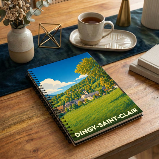 Carnet souvenir de la ville de Dingy-Saint-Clair avec une illustration stylisée de son paysage champêtre.